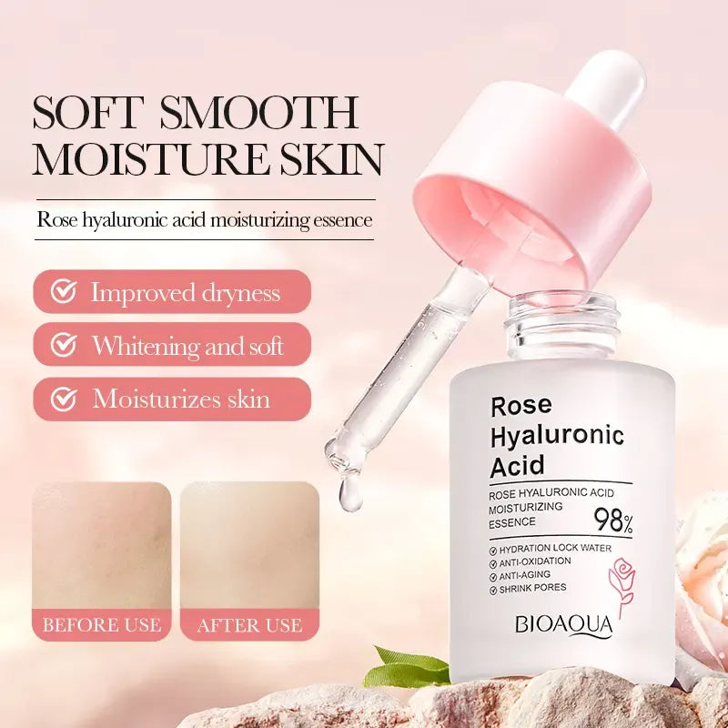 BIOAQUA Rose Hyaluronic Acid Face Serum 30ml – Hydrating, Whitening, Anti-Wrinkle & Pore Tightening Facial Serum for Women