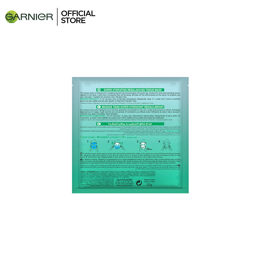 Garnier Skin Active Hydra Bomb Green Tea Tissue Face Mask Hydrating and Rebalancing